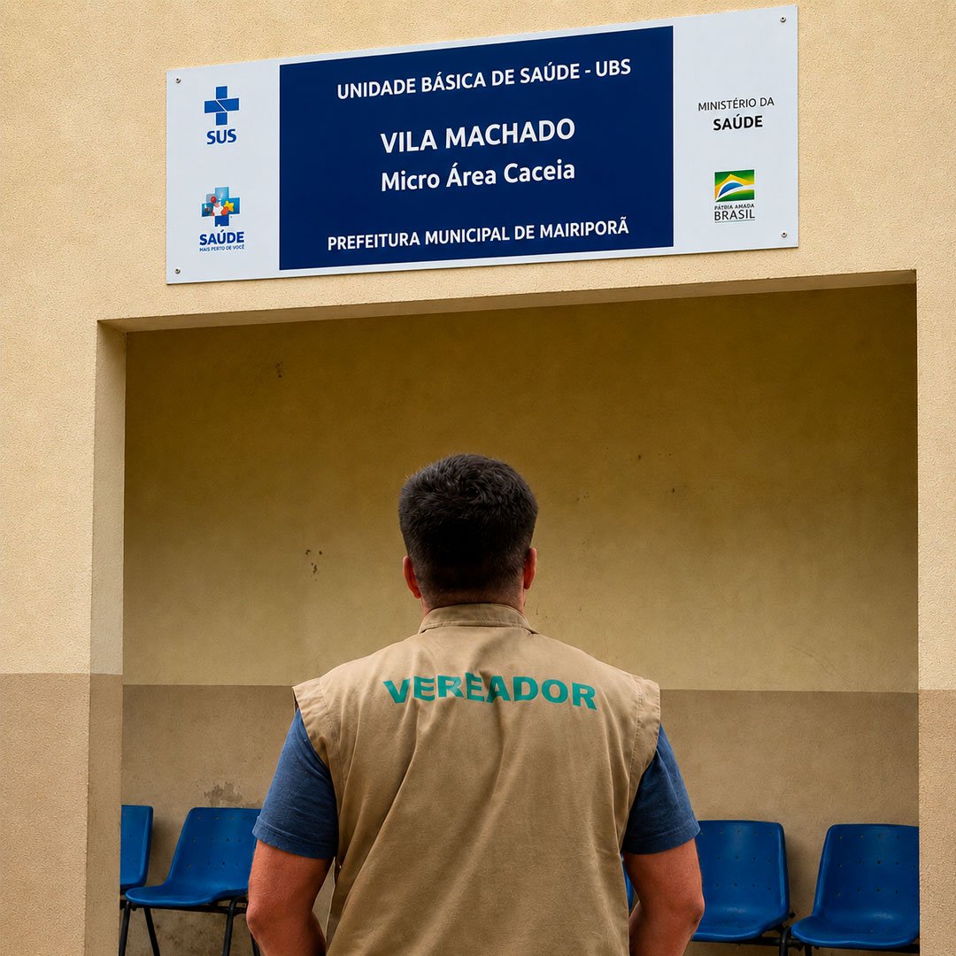 Gustavo Brilha em frente à UBS Vila Machado em emenda para uniformes da saúde